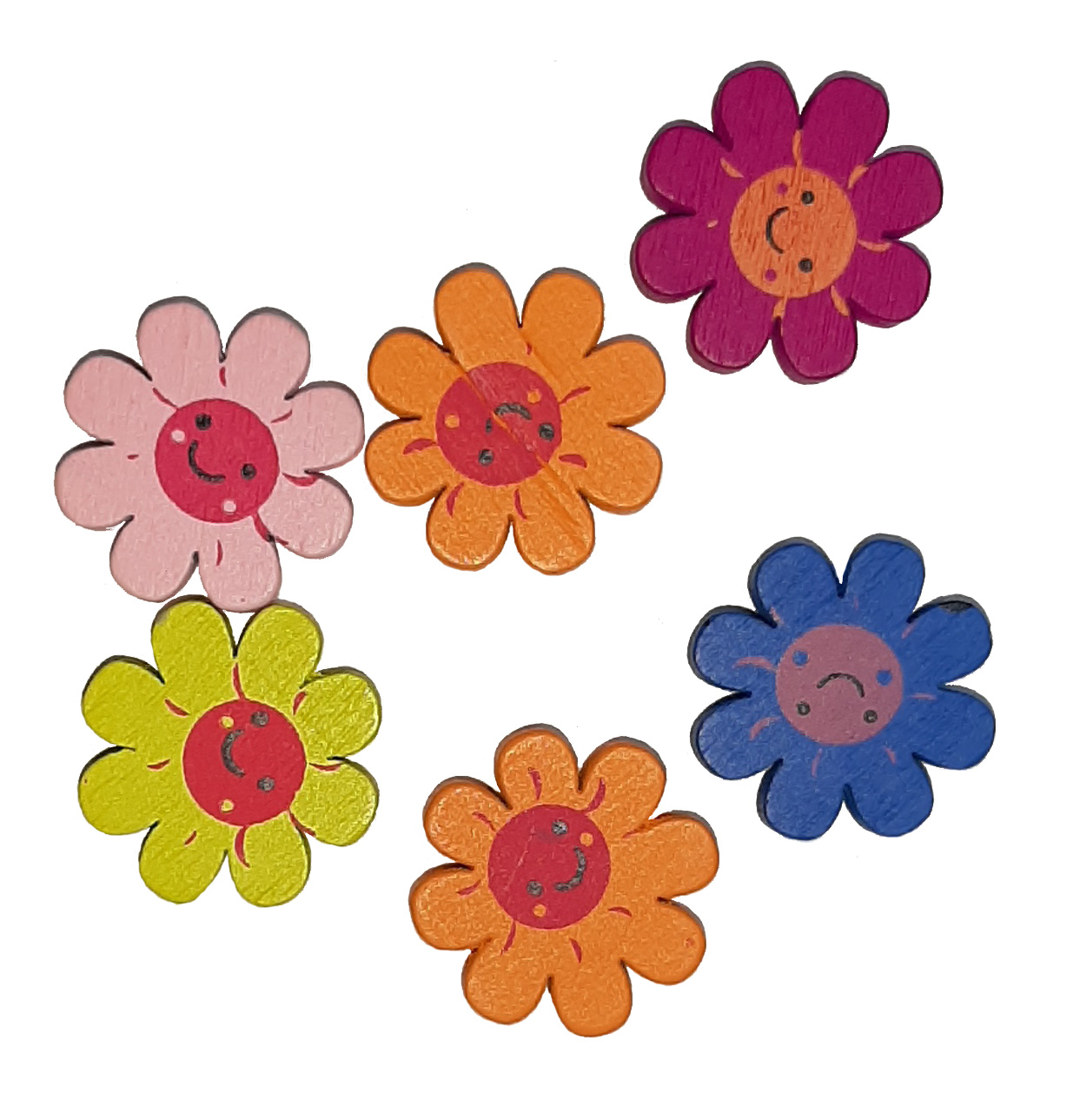Virág, fa festett ,fűzhető kellék, vegyes színben 20 mm, 200 Ft/cs ( 6 db/cs)