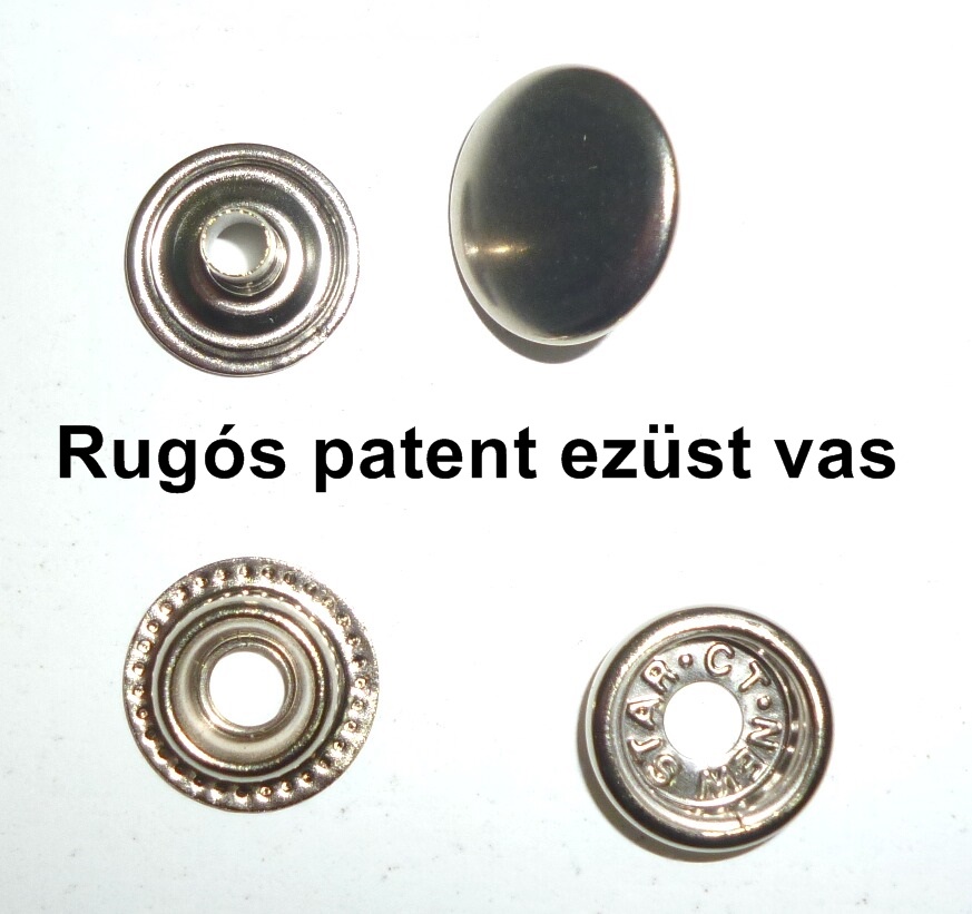 Rugós  patent 15 mm vas alapú ezüst, sima felület kerek, 31 Ft/szett 
