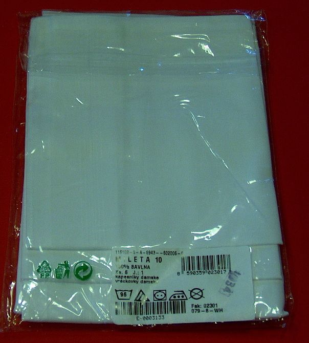 Férfi zsebkendő, fehér, 100 % pamut, 6 db/csomag, 40 x40 cm.680 Ff/db  (6 db/cs)
