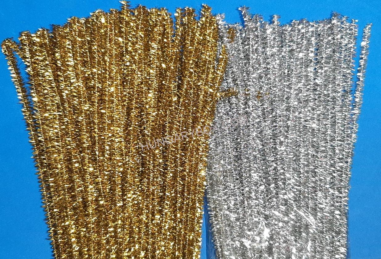 Zsenilia lurexes csillogó kötöző drót. 30 cm, arany, ezüst 10-10 db. 600 Ft/ cs 