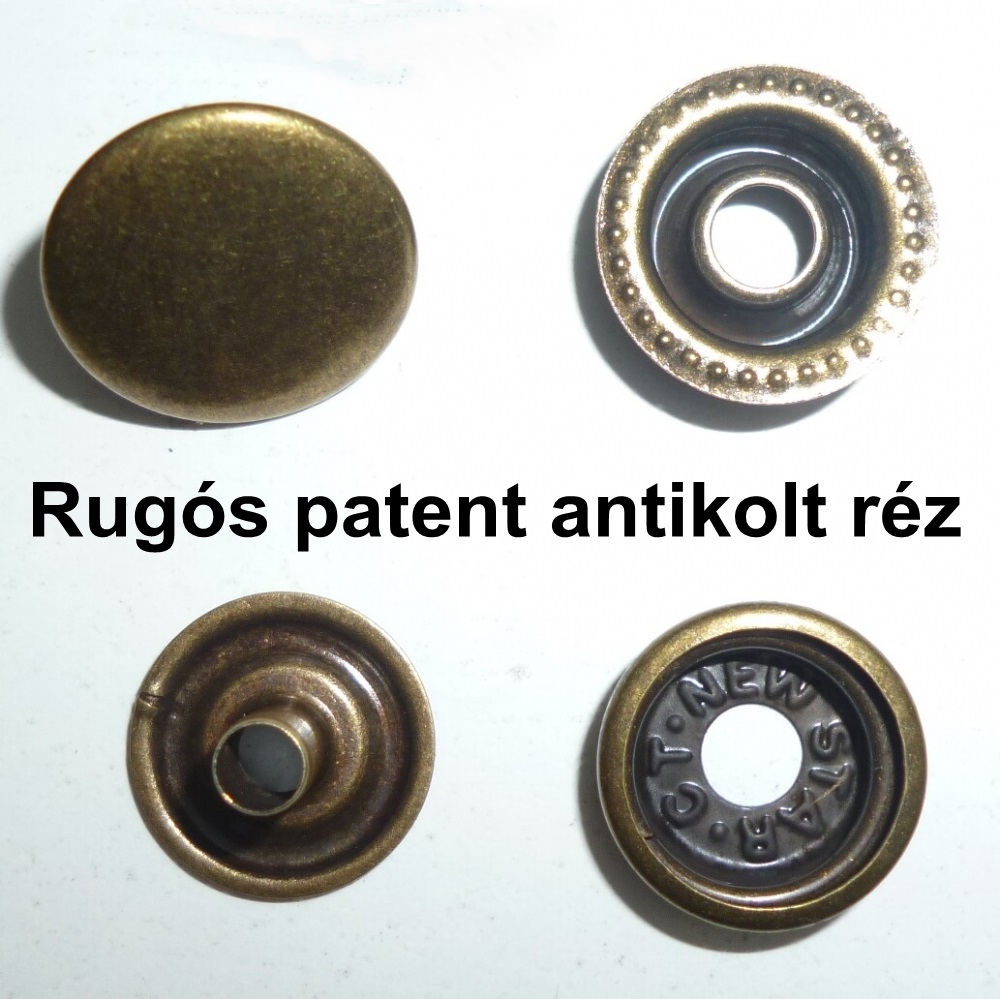Rugós  patent 15 mm réz alapú, antikolt színű sima felületű kerek, 75 Ft/szett 