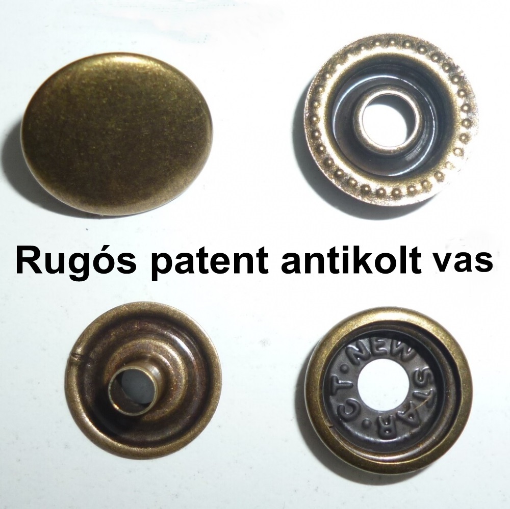 Rugós  patent 15 mm vas alapú antik, sima felület kerek, 22 Ft/szett 