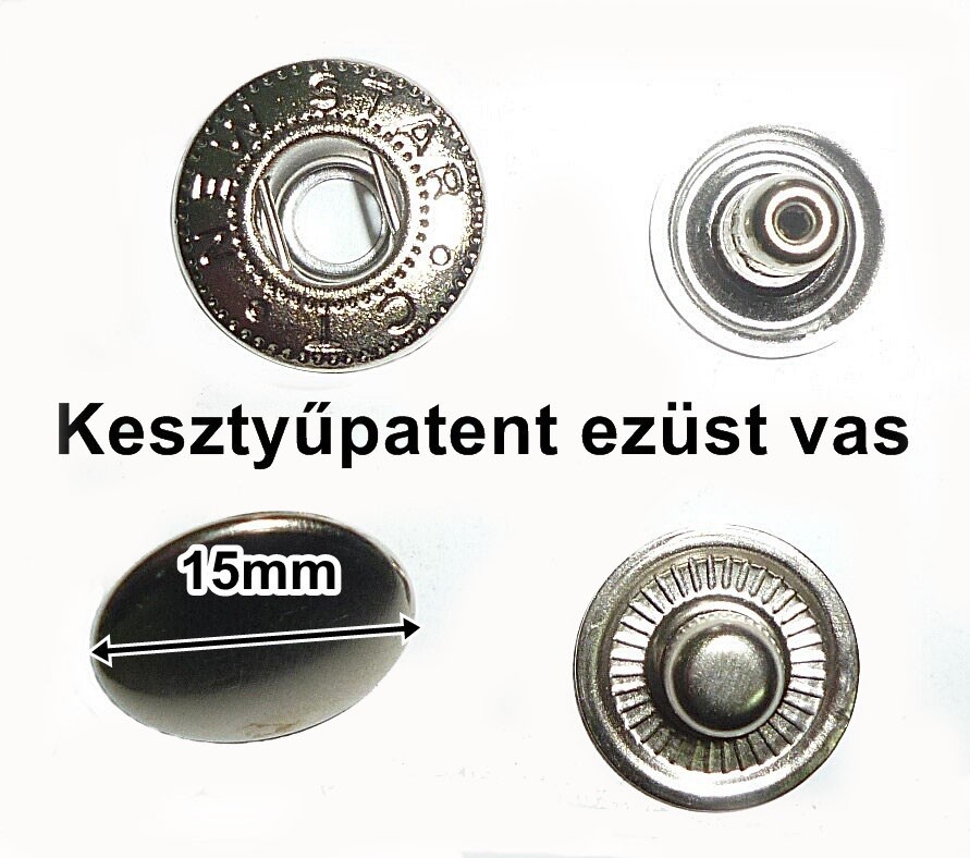 Kesztyűpatent 15 mm vas alapú,ezüst színű patent kerek sima, 31 Ft/szett