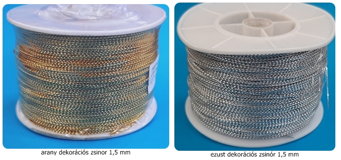 Lurex zsinór 1,5 mm, arany vagy ezüst, kötözőzsinór. 30 Ft/méter (250 m/orsó)