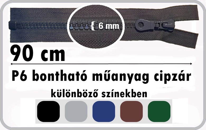 P6 műanyag cipzár bontható 90 cm, 750 Ft/db  (5 db/szín )