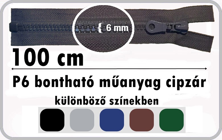 P6 műanyag cipzár bontható 100 cm, 880 Ft/db  (5 db/szín ) 