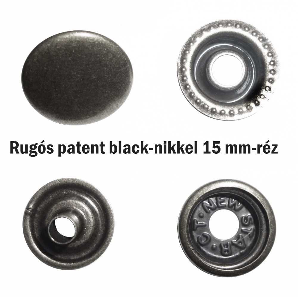 Rugós patent 15 mm réz alapú, black nikkel, sima kerek, 57 Ft/szett