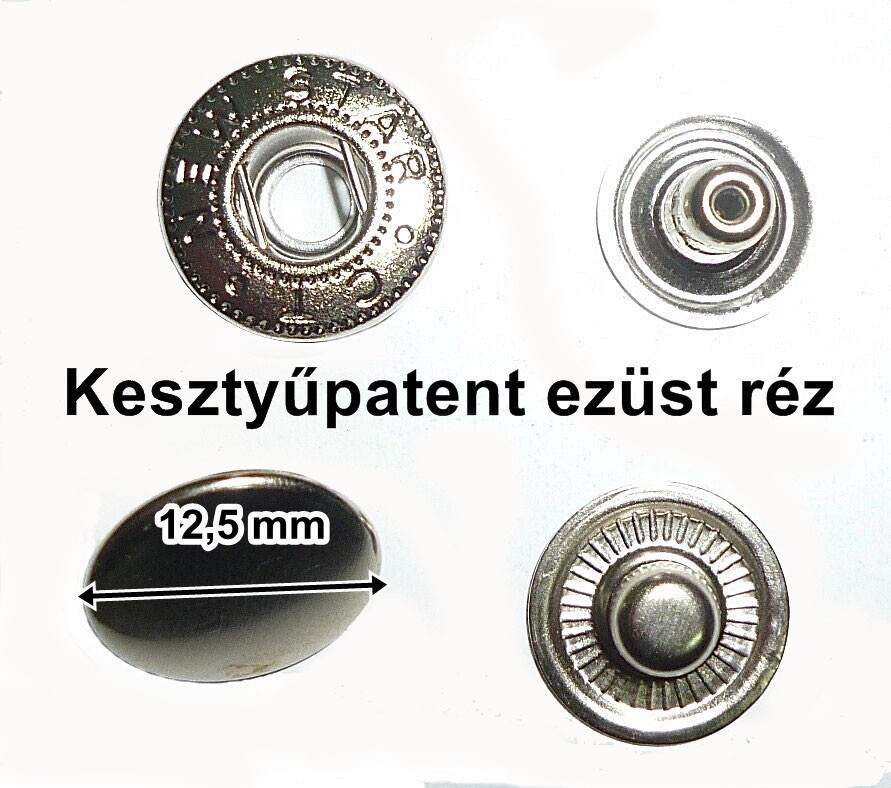 Kesztyűpatent 12,5 mm réz alapú, ezüst színű, 75 Ft/szett (100db)