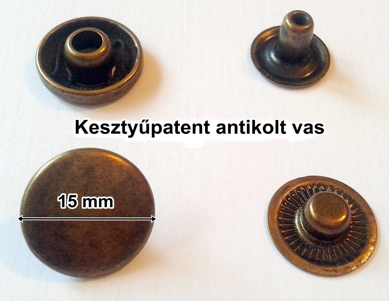 Kesztyűpatent 15 mm vas anyagú, antikolt patent sima kerek, 31 Ft/szett. 