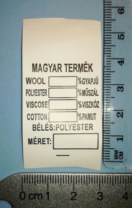 Méretjelző címke egyoldalas  beírható összetétel+ méret+bélés polyester 10Ft/db 