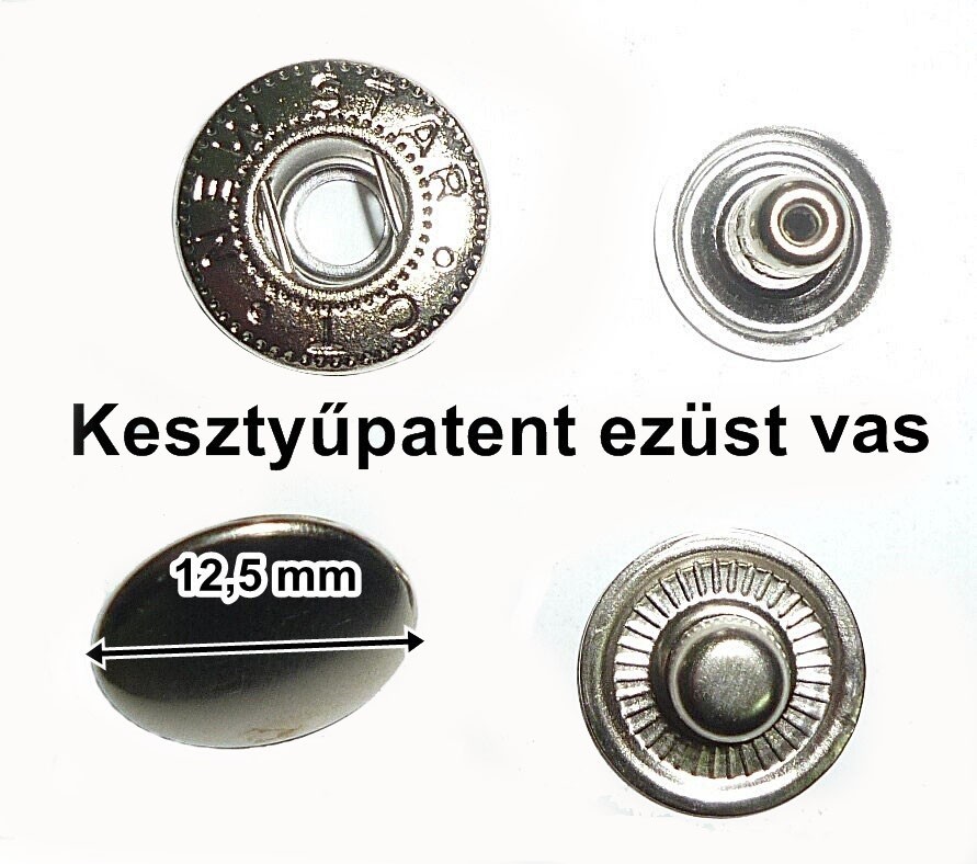 Kesztyűpatent 12,5 mm vas alapú, ezüst színű sima kerek, 31 Ft/szett (100db) 