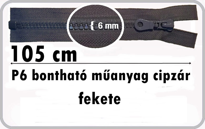 P6 műanyag cipzár bontható 105 cm, 910 Ft/db  (5 db/cs) 