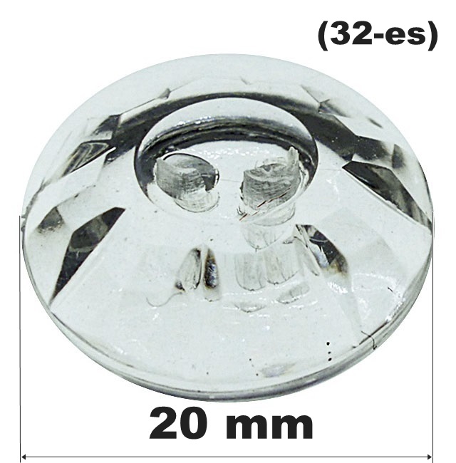Dekorációs gomb 20 mm, átlátszó csiszolt műanyag, kétlyukú. 40 Ft/db (20 db-tól)
