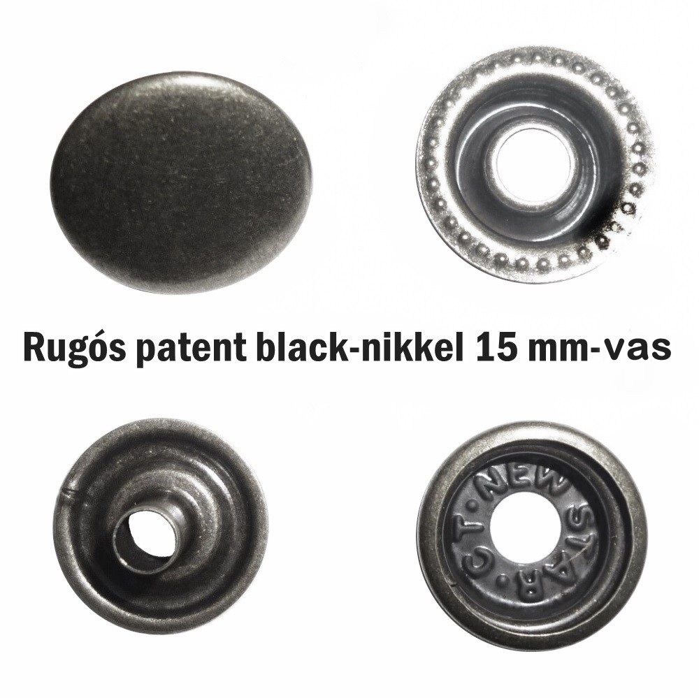 Rugós patent 15 mm vas alapú, black-nikkel, sima felületű kerek  31 Ft/szett 